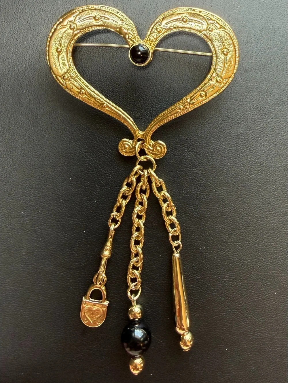 Vintage Gold Tone Open Heart Dangle Brooch w/ Black Bead & Charm Accents [COPY]